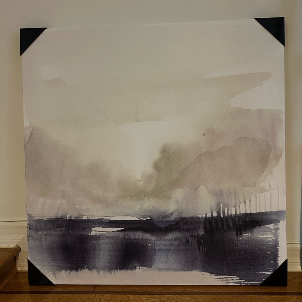 Fog on the horizon II. Blue, neutral and white wall art. 40” H x 40” W x 1” D